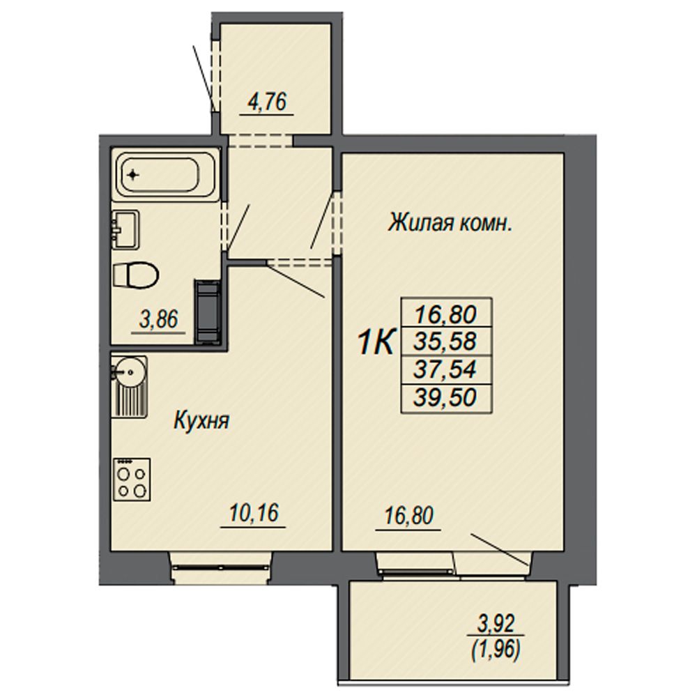 1-комнатная квартира, 37.54 м²
