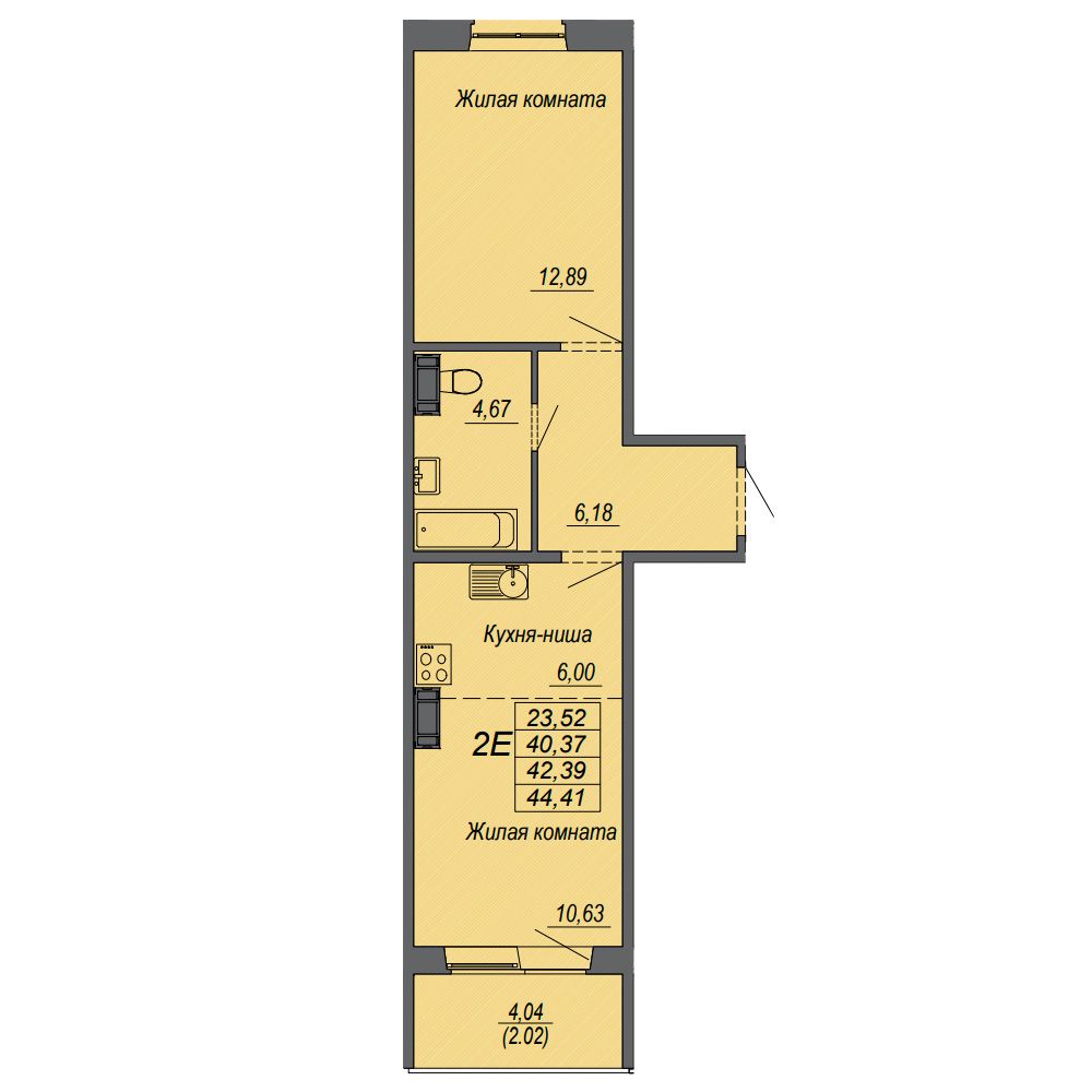 2-комнатная квартира, 42.39 м²