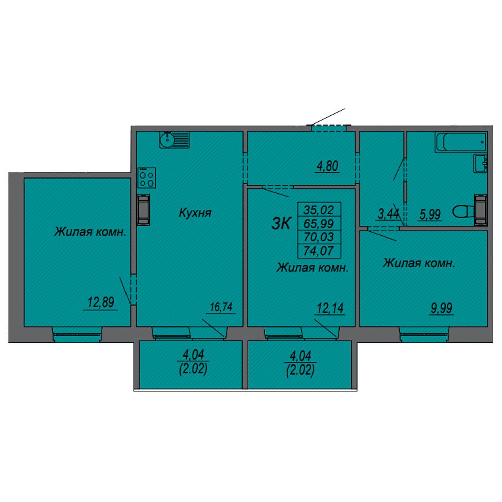 3-комнатная квартира, 70.03 м²