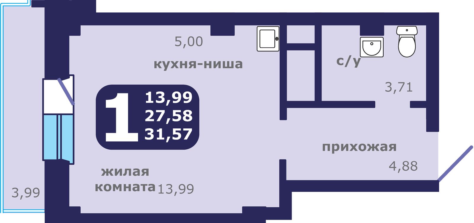 1-комнатная квартира, 31.57 кв.м, Звездный