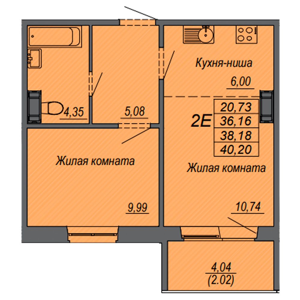 2-комнатная квартира, 38.18 м²