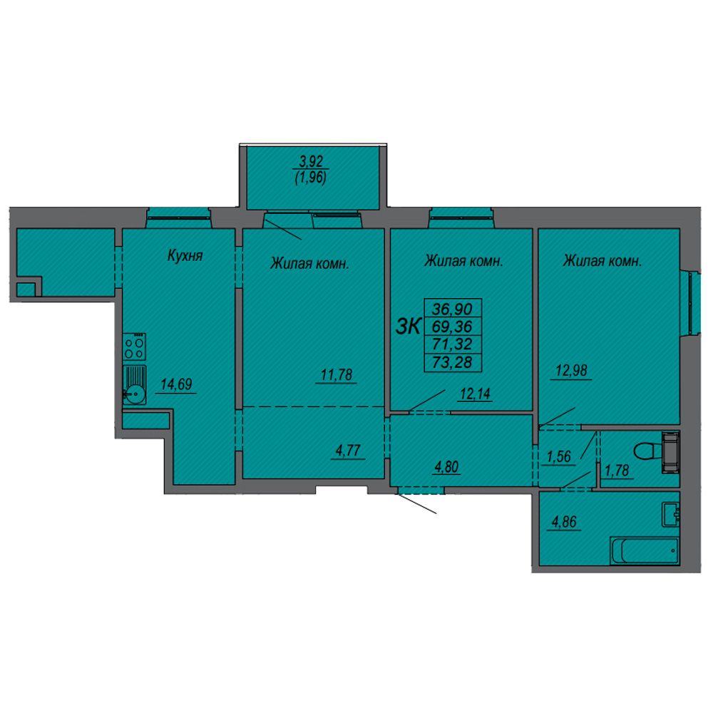 3-комнатная квартира, 71.32 м²