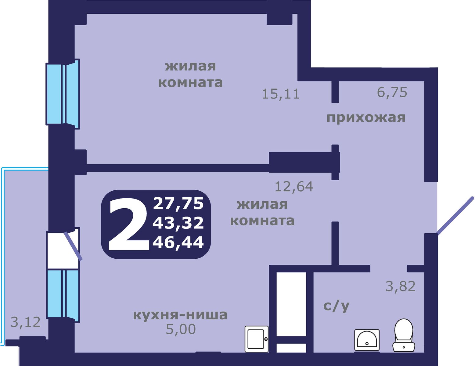 2-комнатная квартира, 46.44 кв.м, ЖК «Звездный»