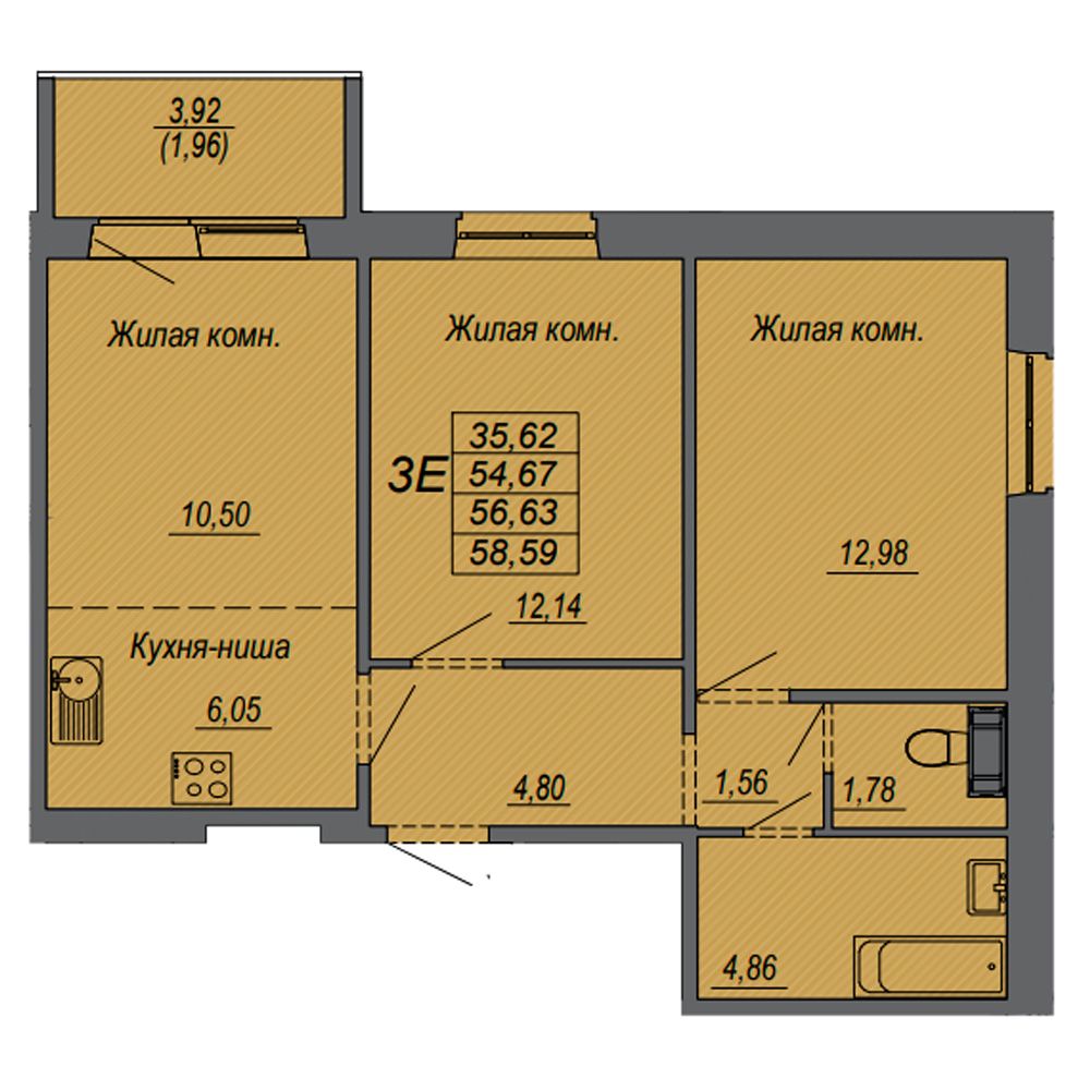3-комнатная квартира, 56.63 м²