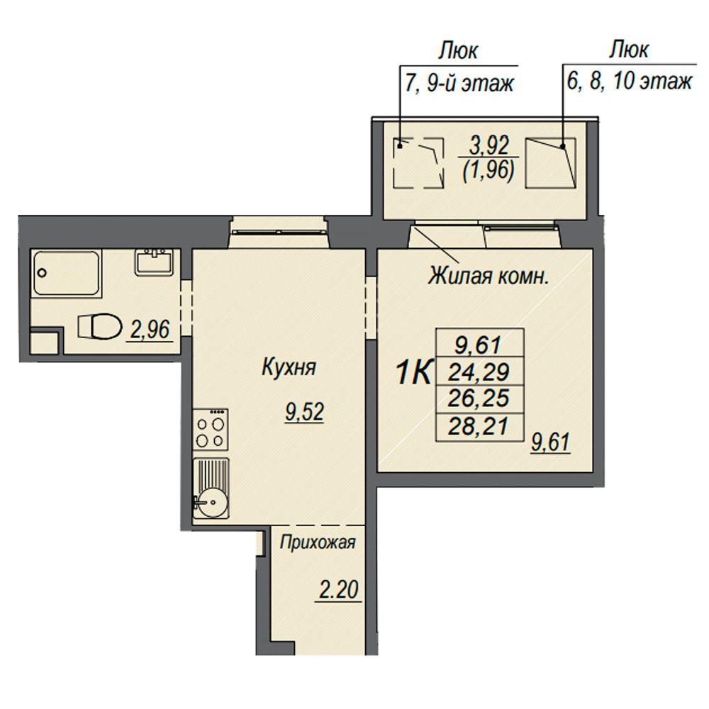 1-комнатная квартира, 26.25 м²