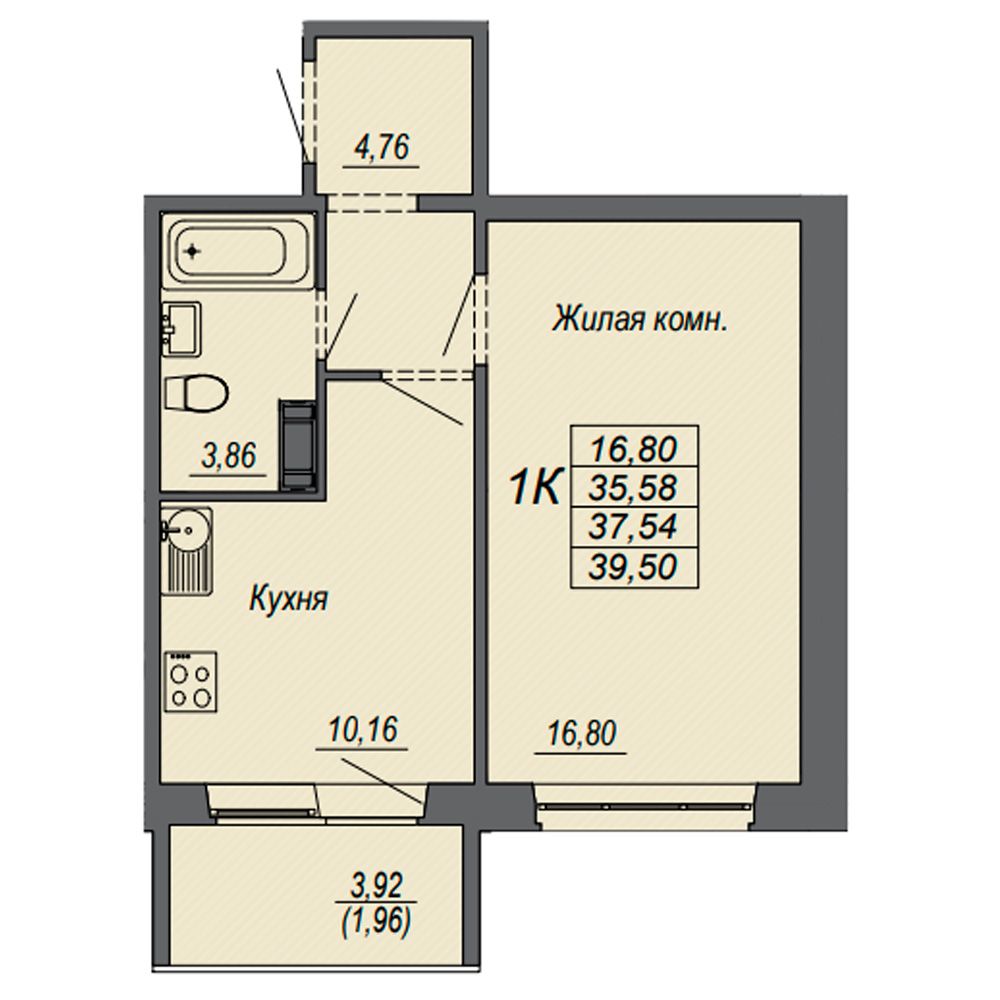 1-комнатная квартира, 37.54 м²