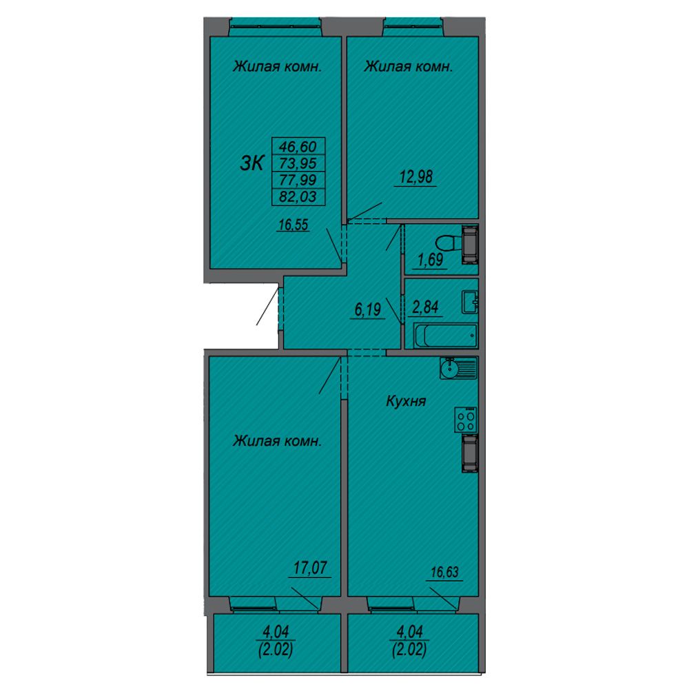 3-комнатная квартира, 77.99 м²