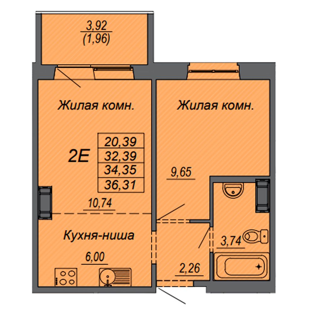 2-комнатная квартира, 34.35 м²