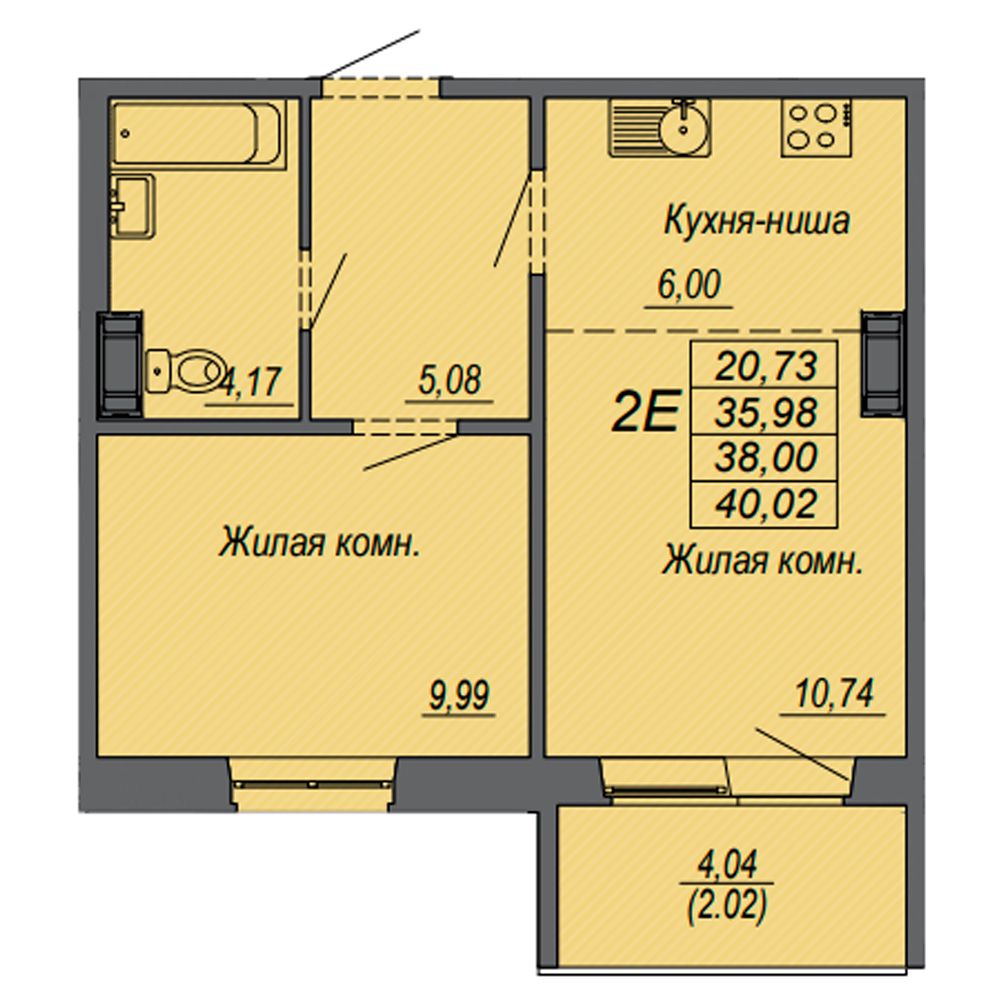 2-комнатная квартира, 38 м²