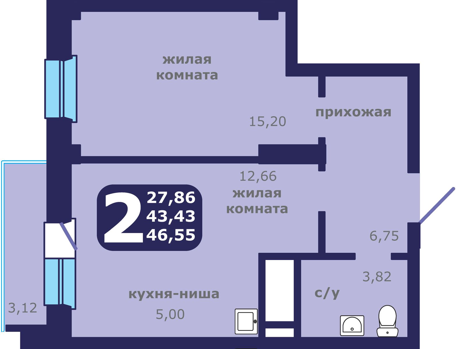 2-комнатная квартира, 46.55 кв.м, ЖК «Звездный»
