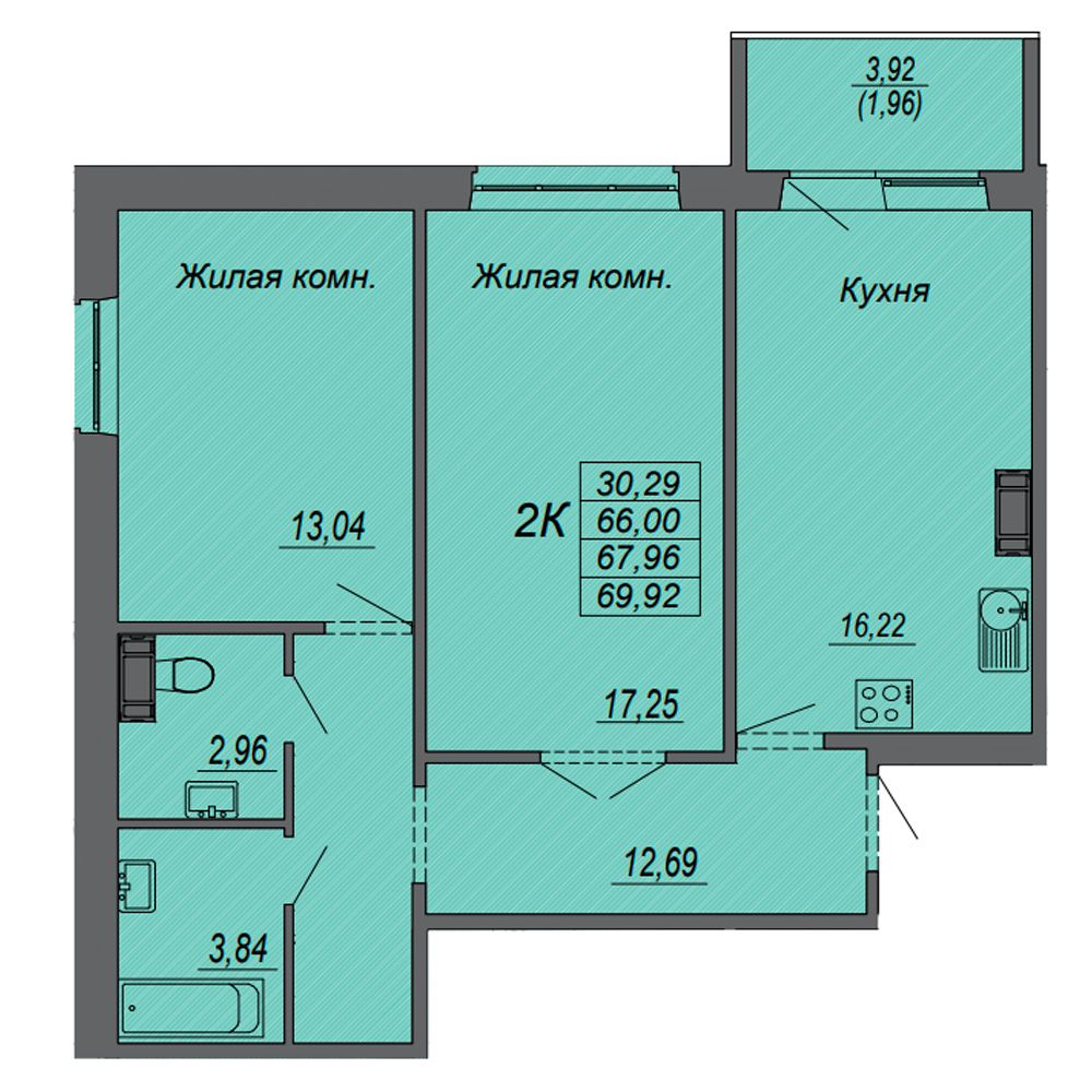 2-комнатная квартира, 67.96 м²