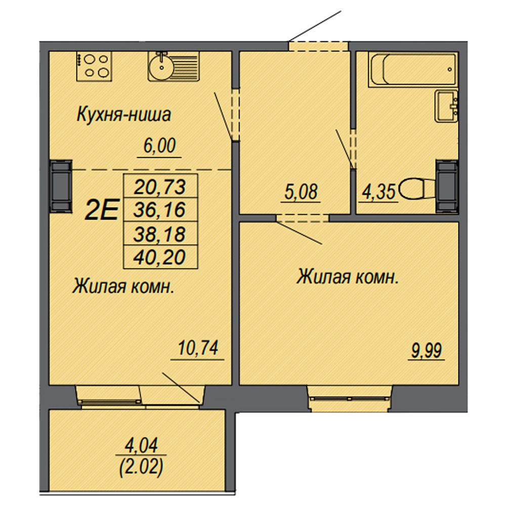 2-комнатная квартира, 38.18 м²