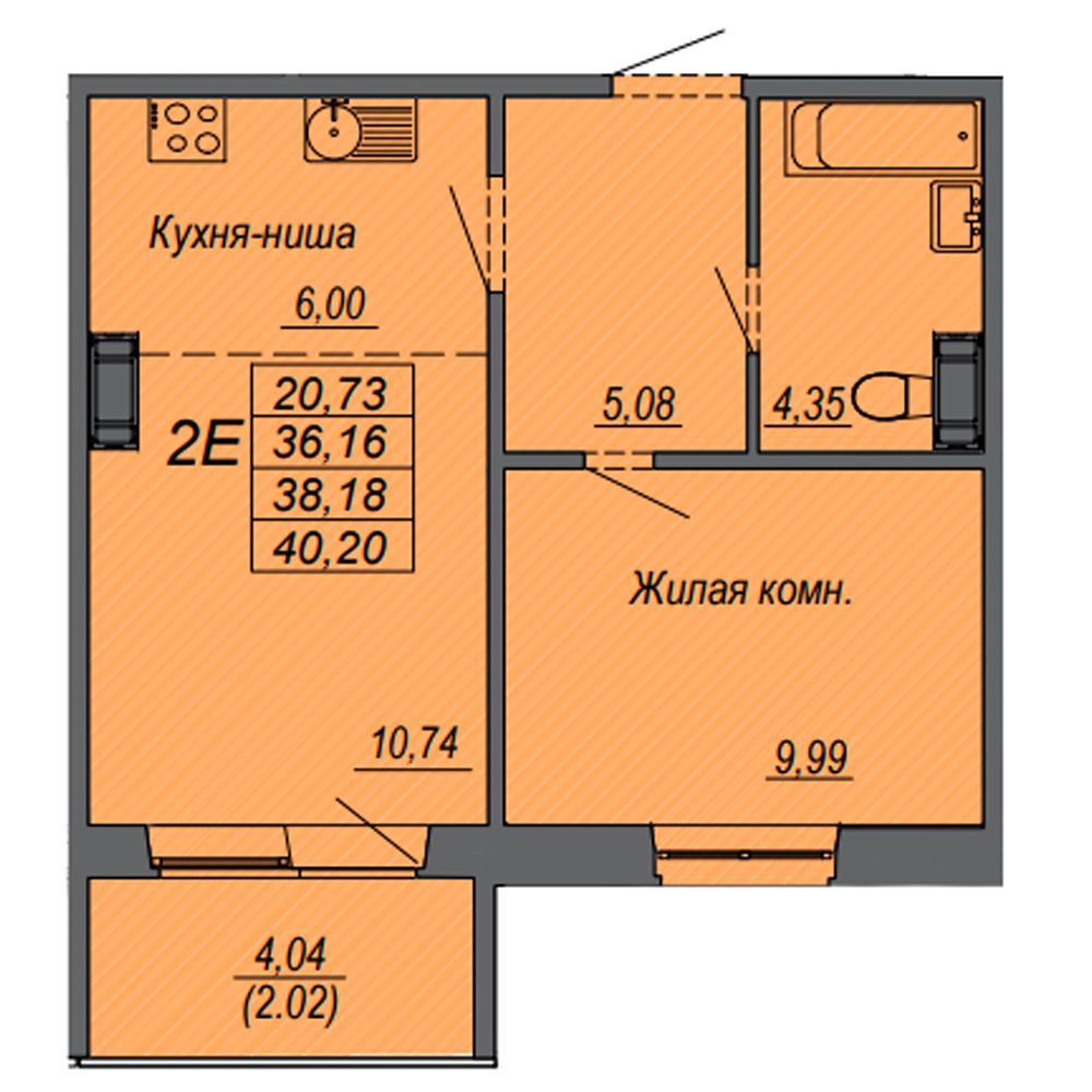 2-комнатная квартира, 38.18 м²