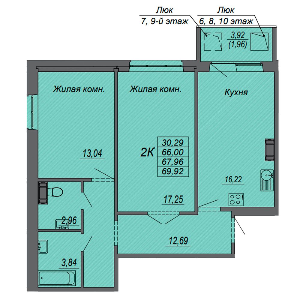 2-комнатная квартира, 67.96 м²