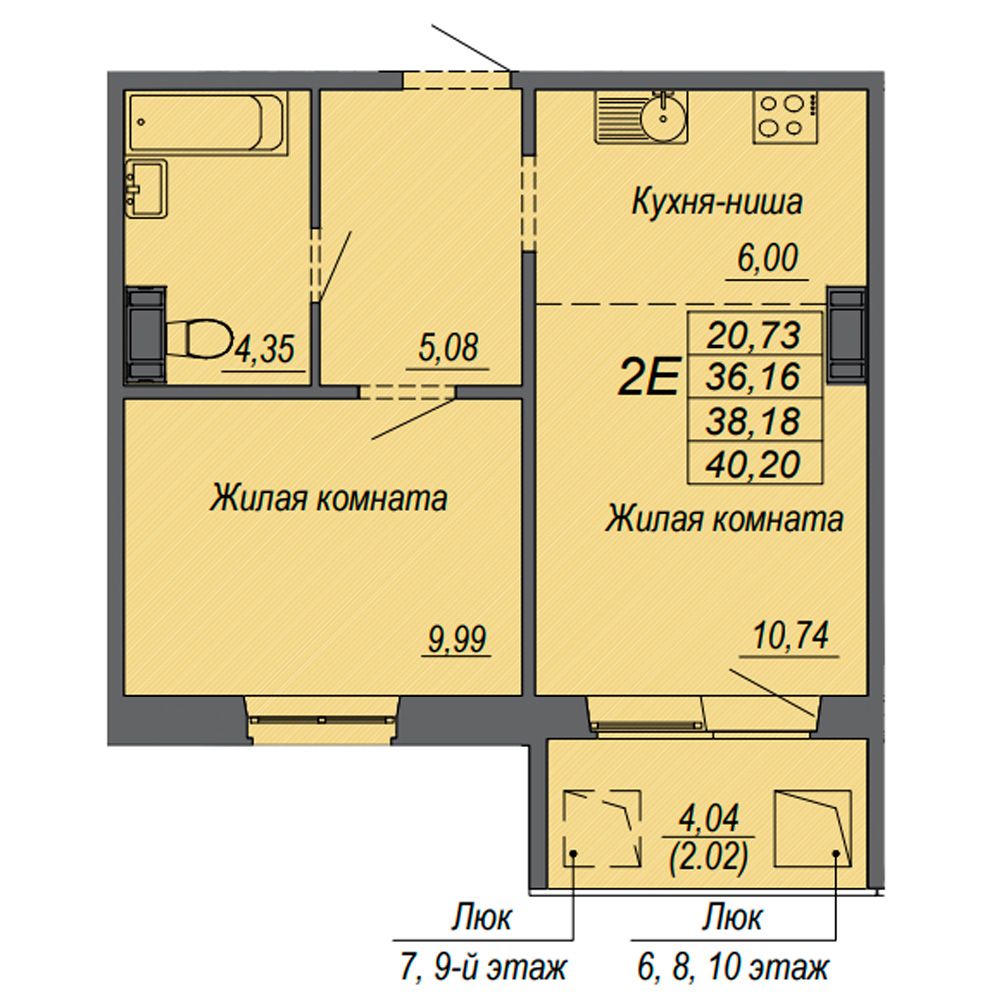 2-комнатная квартира, 38.18 м²