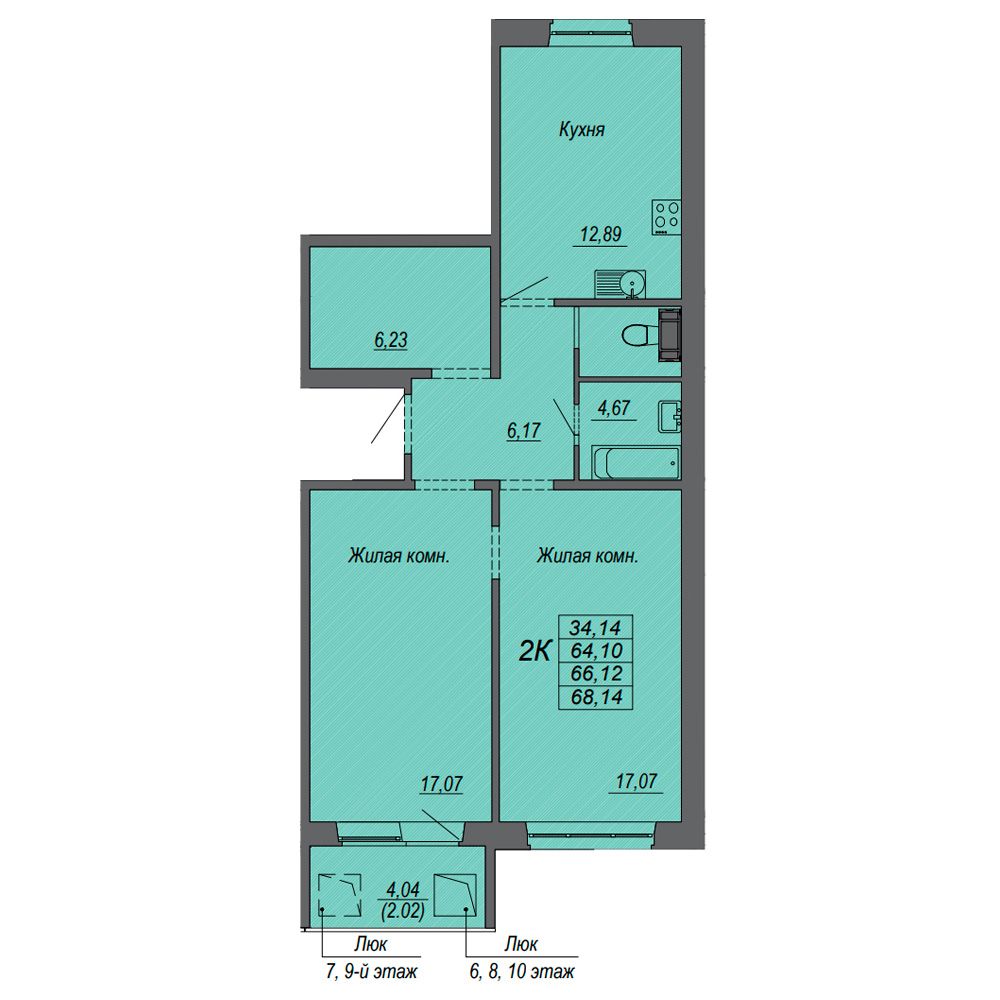 2-комнатная квартира, 66.27 м²
