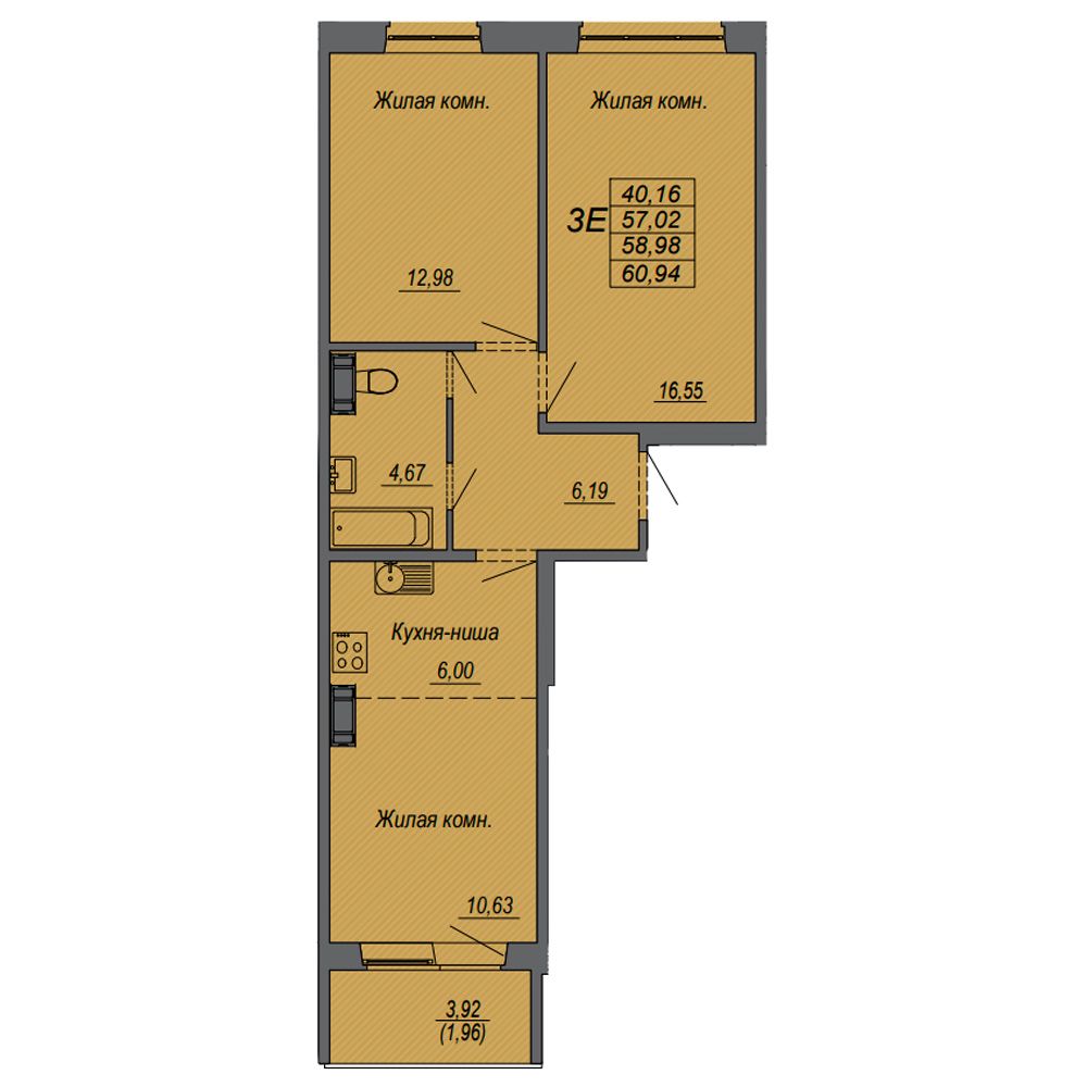 3-комнатная квартира, 58.98 м²