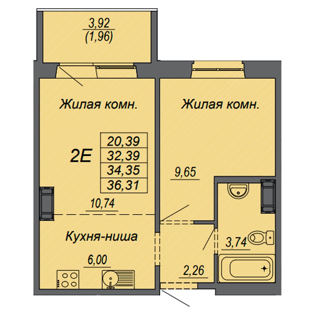 2-комнатная квартира, 34.35 м²