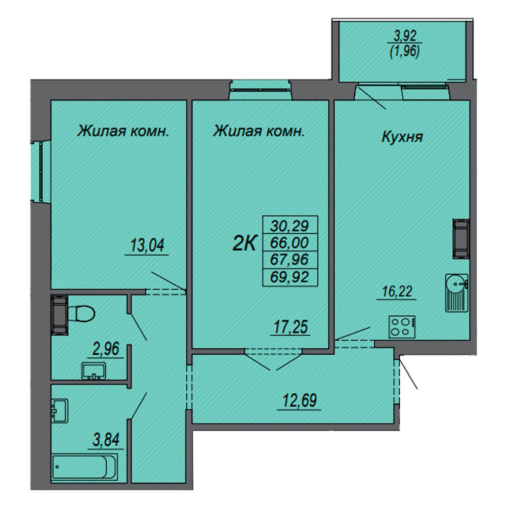 2-комнатная квартира, 67.96 м²