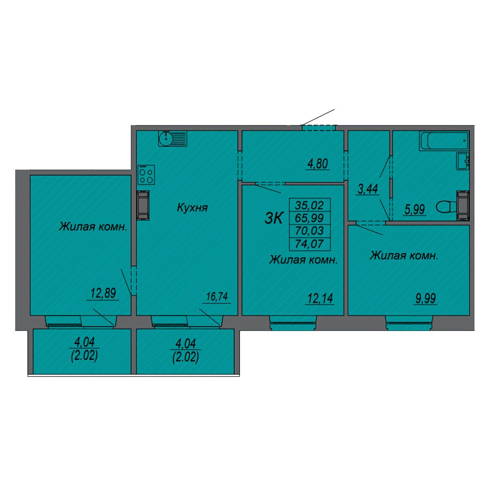 3-комнатная квартира, 70.03 м²