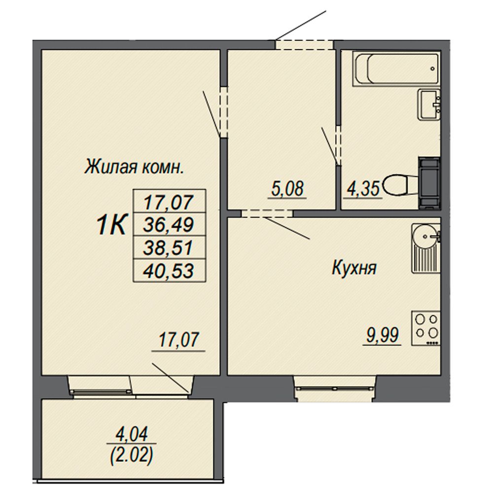 1-комнатная квартира, 38.51 м²
