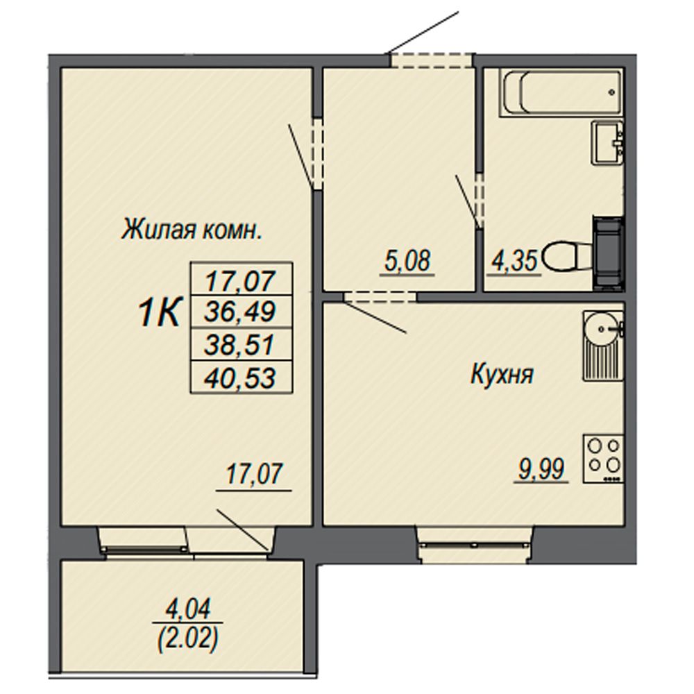 1-комнатная квартира, 38.51 м²