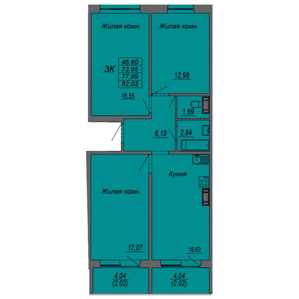 3-комнатная квартира, 77.99 м²
