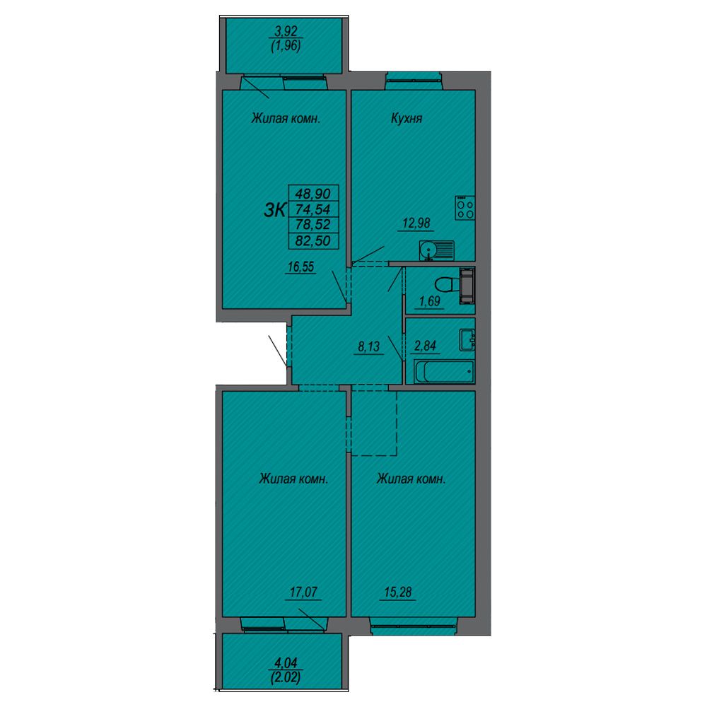 3-комнатная квартира, 78.52 м²