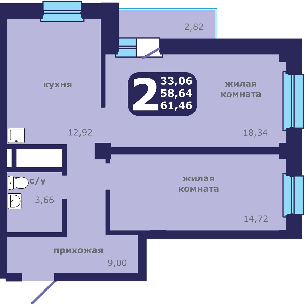 2-комнатная, 61.5 м², 11 этаж из 25, ЖК «Звездный»