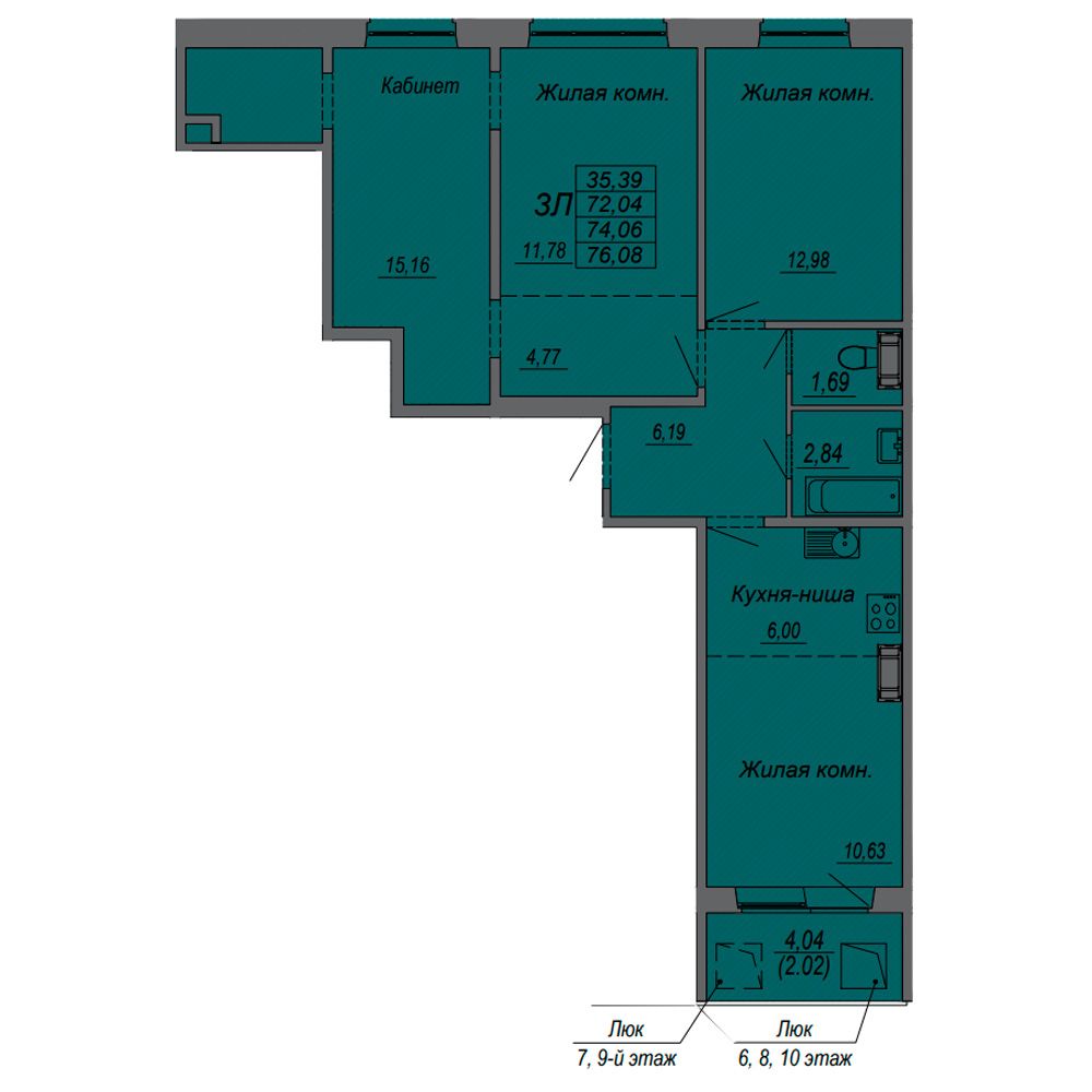 3-комнатная квартира, 74.06 м²