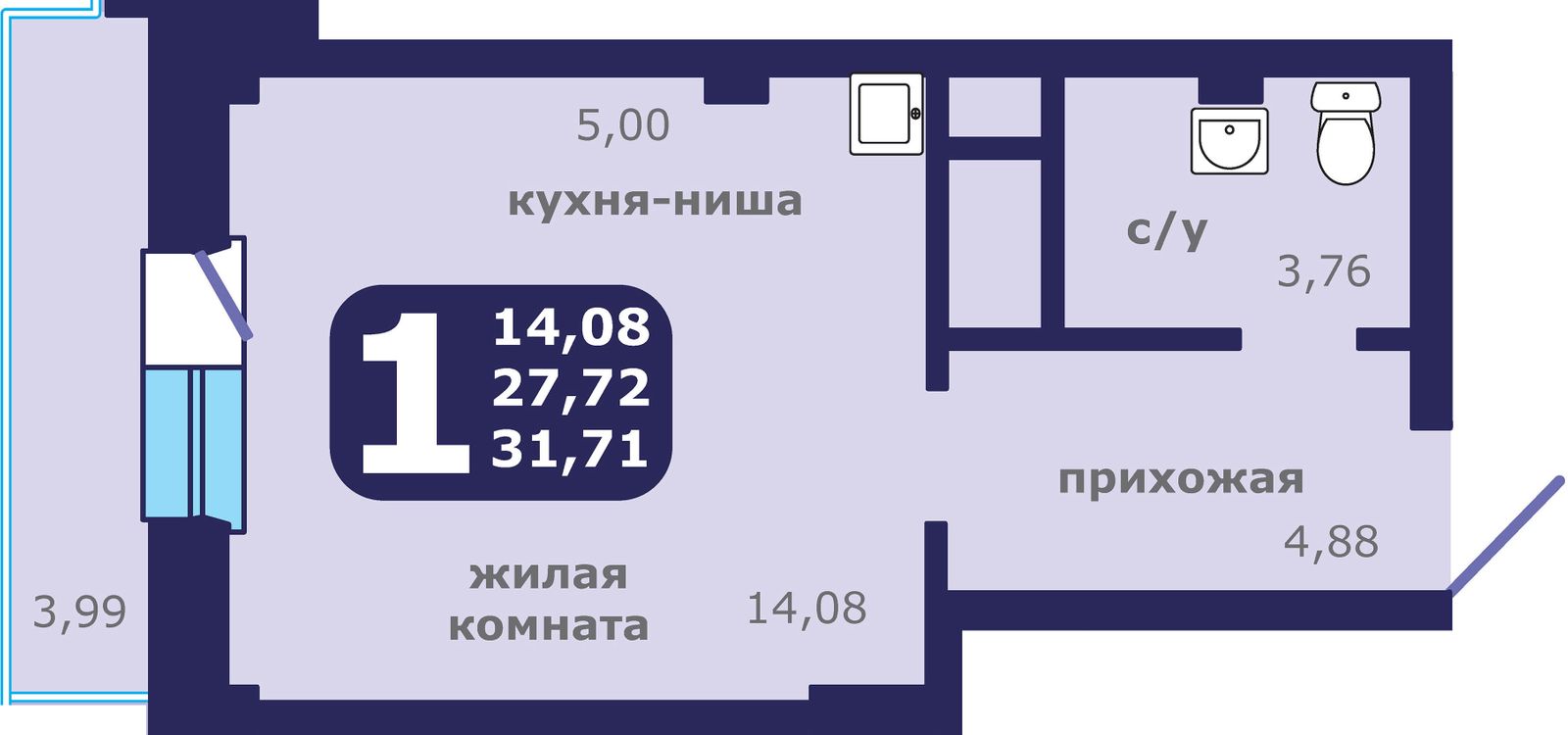 1-комнатная квартира, 31.71 кв.м, ЖК «Звездный»
