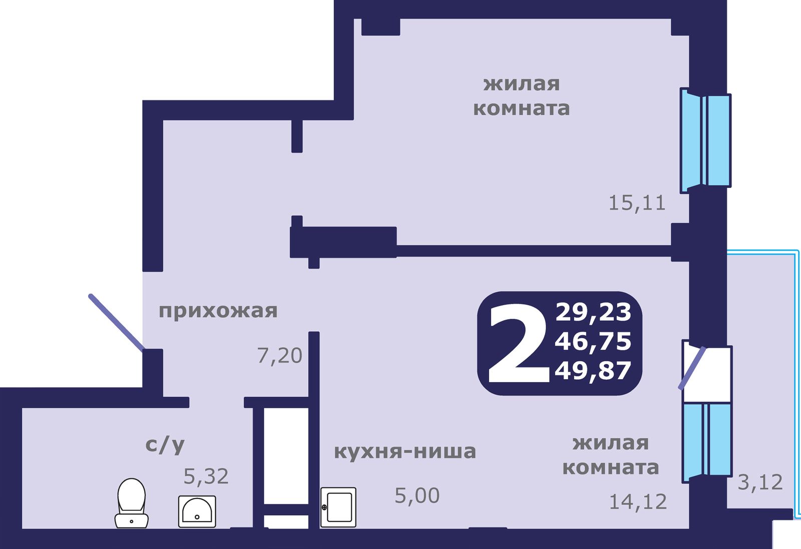 2-комнатная квартира, 49.87 кв.м, ЖК «Звездный»