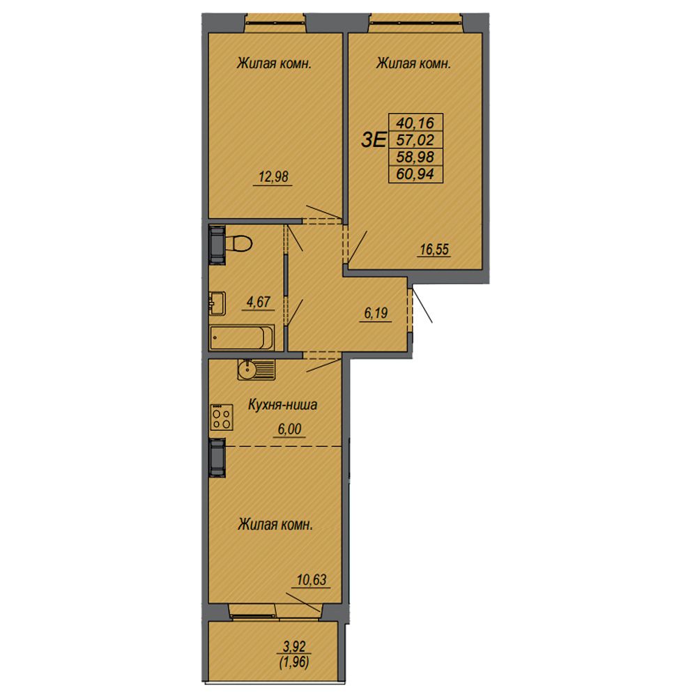 3-комнатная квартира, 58.98 м²