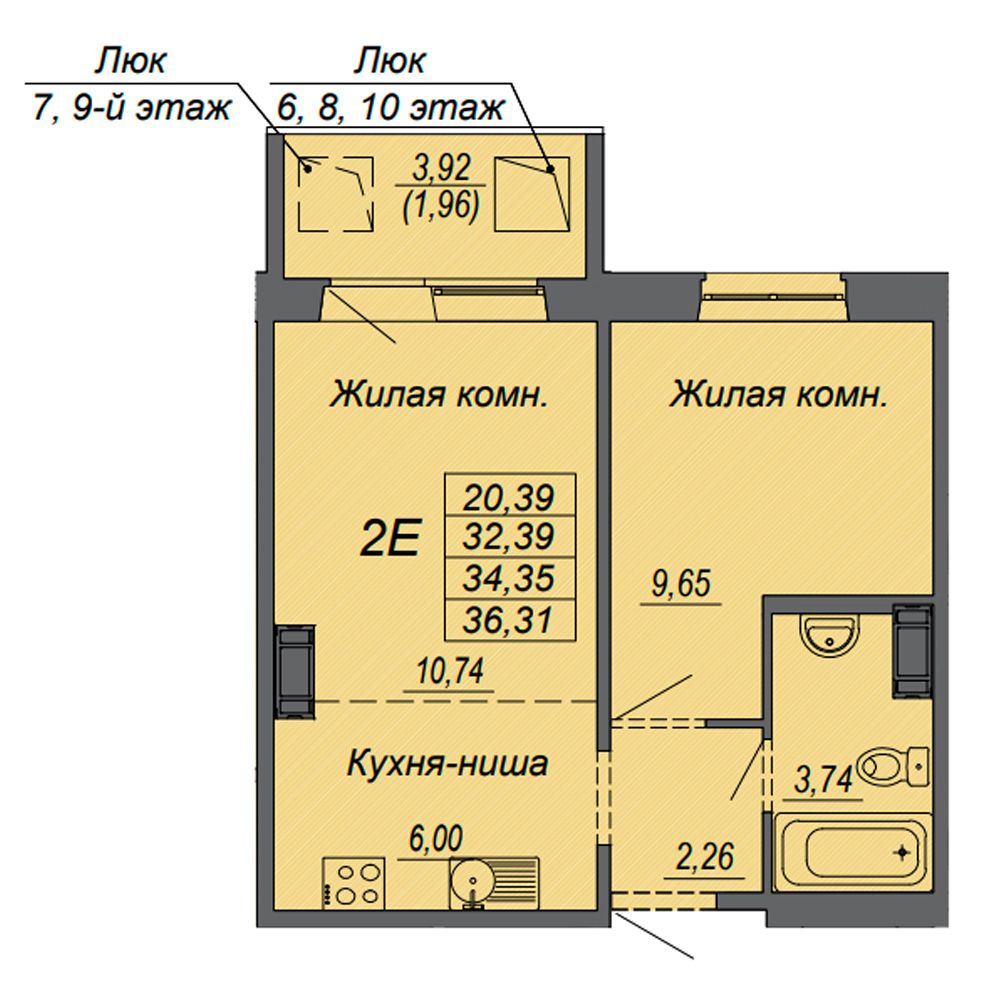 2-комнатная квартира, 34.35 м²