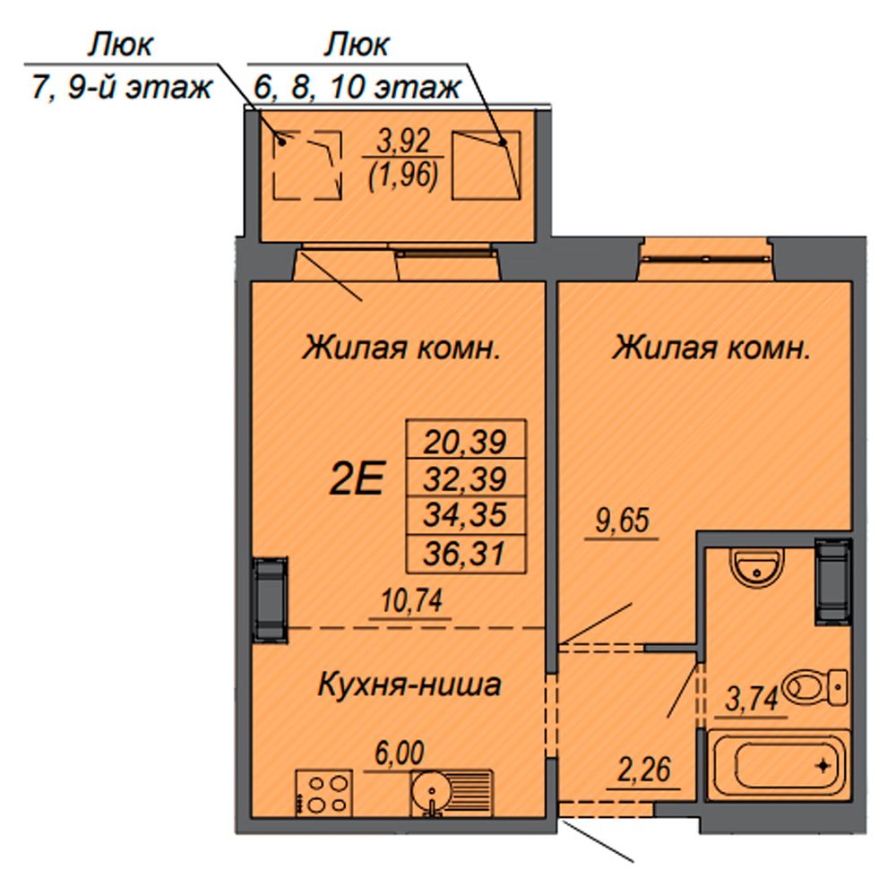 1-комнатная квартира, 34.35 м²