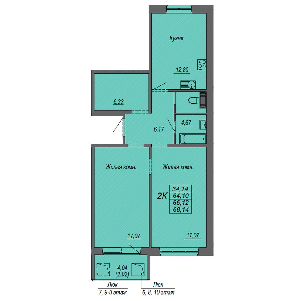 2-комнатная квартира, 66.27 м²