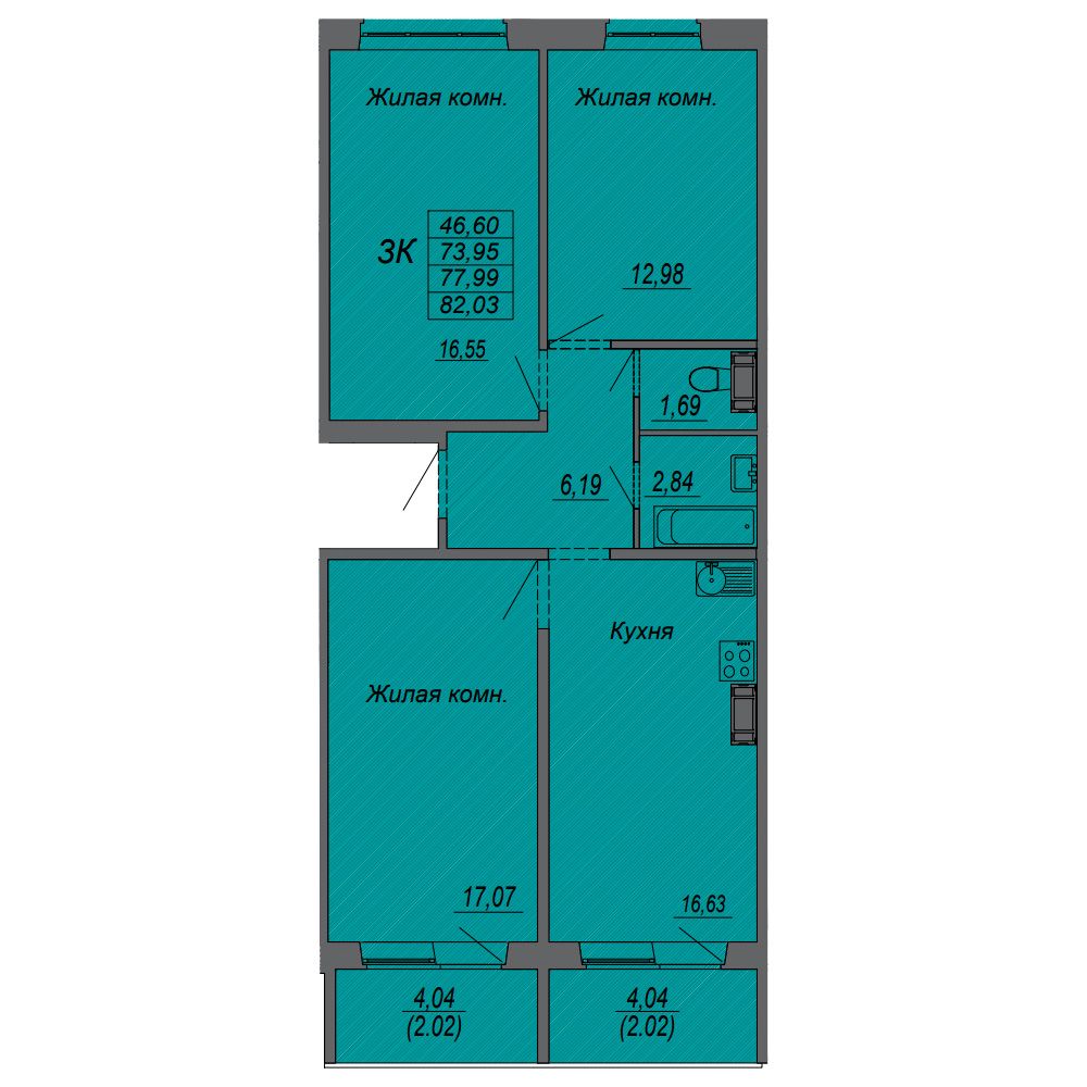 3-комнатная квартира, 77.99 м²