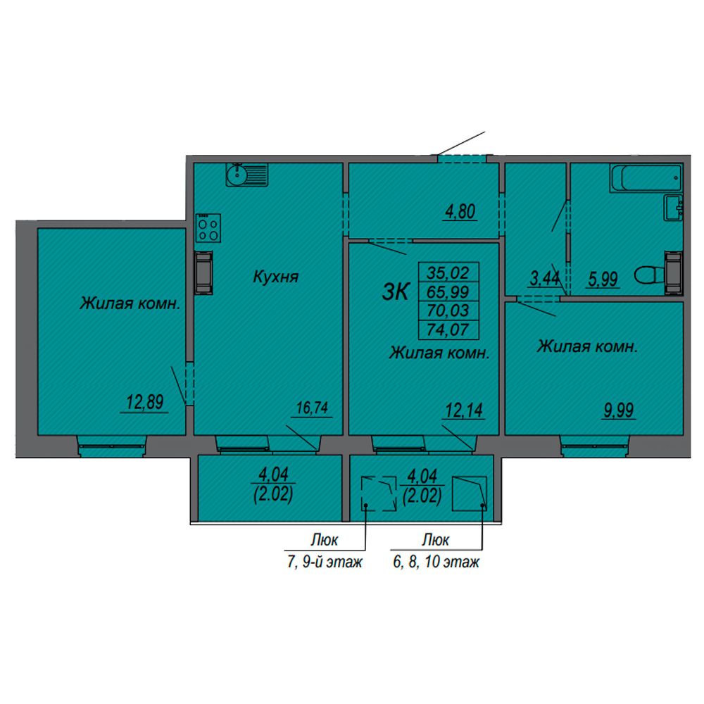 3-комнатная квартира, 70.03 м²