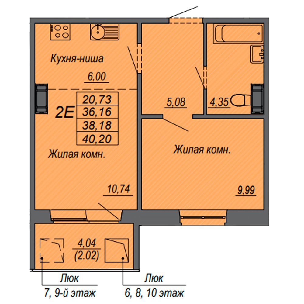 2-комнатная квартира, 38.18 м²