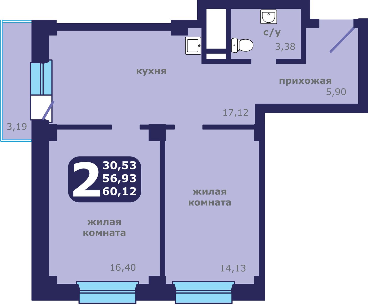 2-комнатная квартира, 60.12 кв.м, ЖК «Звездный»