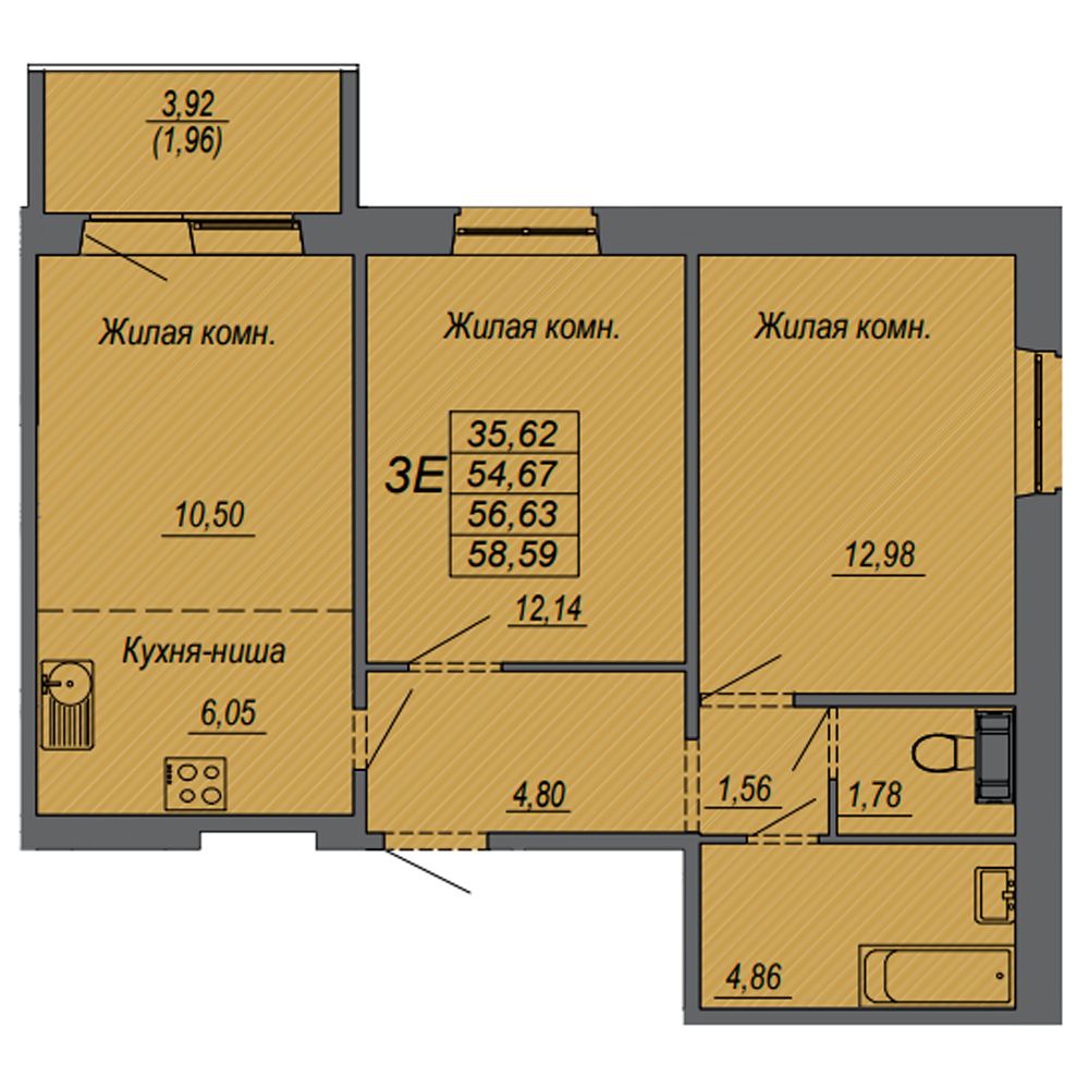 3-комнатная квартира, 56.63 м²