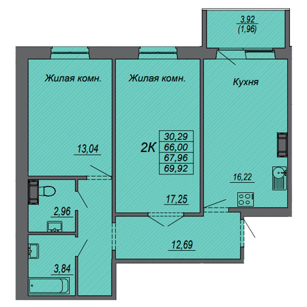 2-комнатная квартира, 67.96 м²