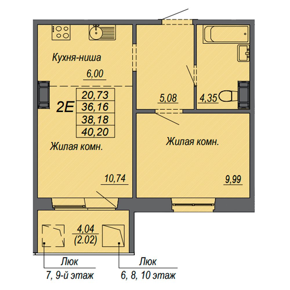 2-комнатная квартира, 38.18 м²