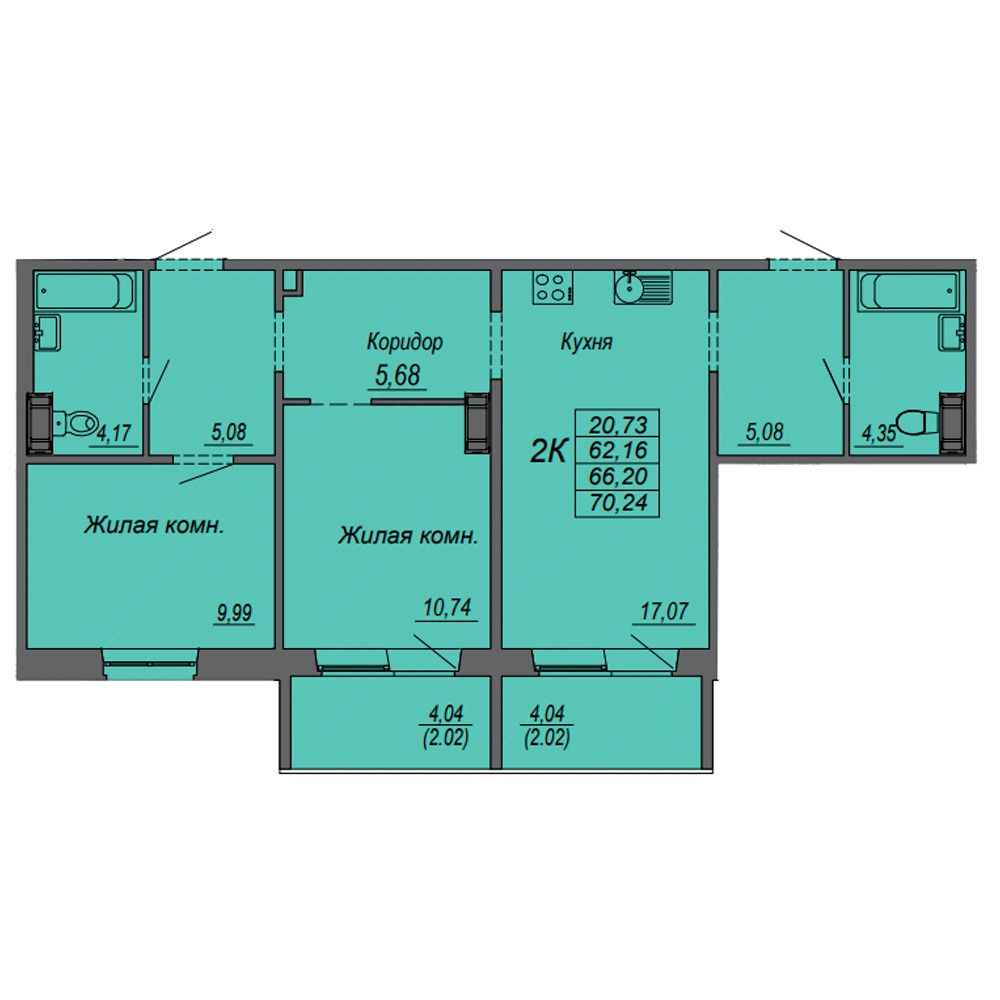 2-комнатная квартира, 66.2 м²