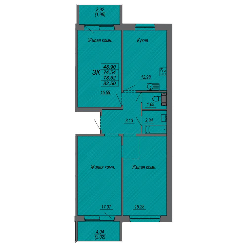 3-комнатная квартира, 78.52 м²