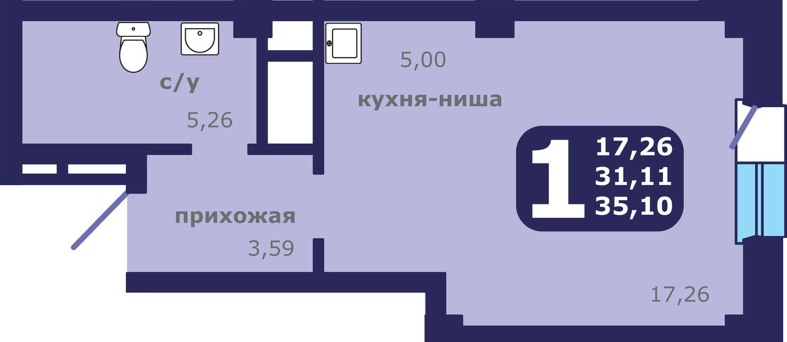 1-комнатная квартира, 35.1 кв.м, ЖК «Звездный»